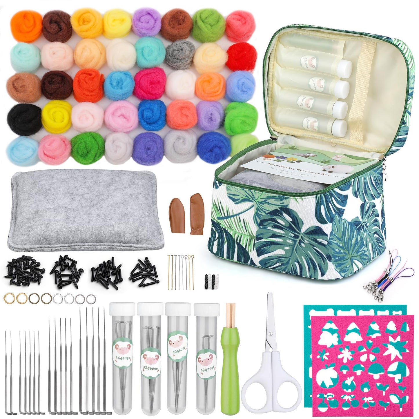 IMZAY Needle Felting Kit, Wool Roving 40 Colors Set, Needle Felting Starter Kit, Needle Felting Tools Kit with Exquisite Green Storage Bag, Wool Felt Tools for Felted Animal Needle Felting Supplies