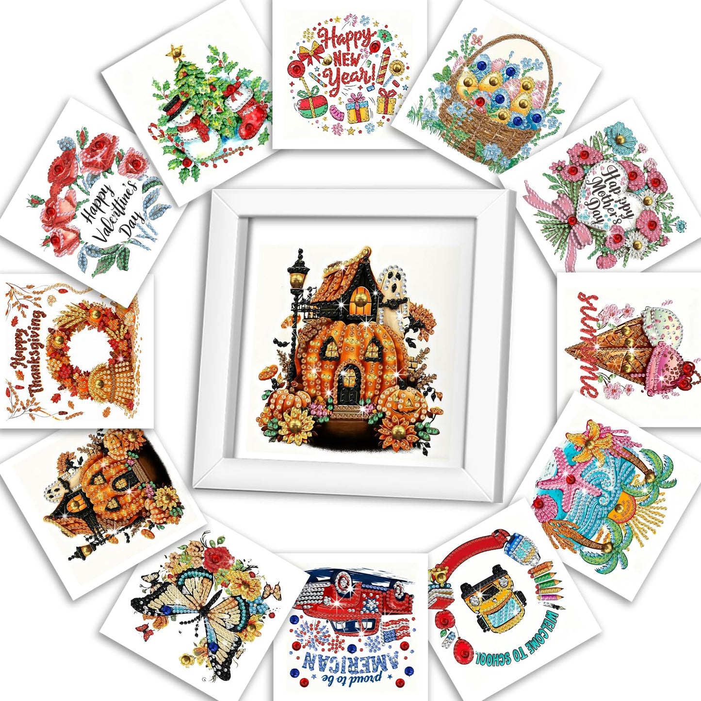 DOZEEZOP 12-Pack Interchangeable Diamond Art Kits for Adults Beginners Teens with Frame, Holiday & Seasonal 5D Diamond Paintings with Round Partial Drill, Home Decor DIY Craft Gift (7x7 Inch)