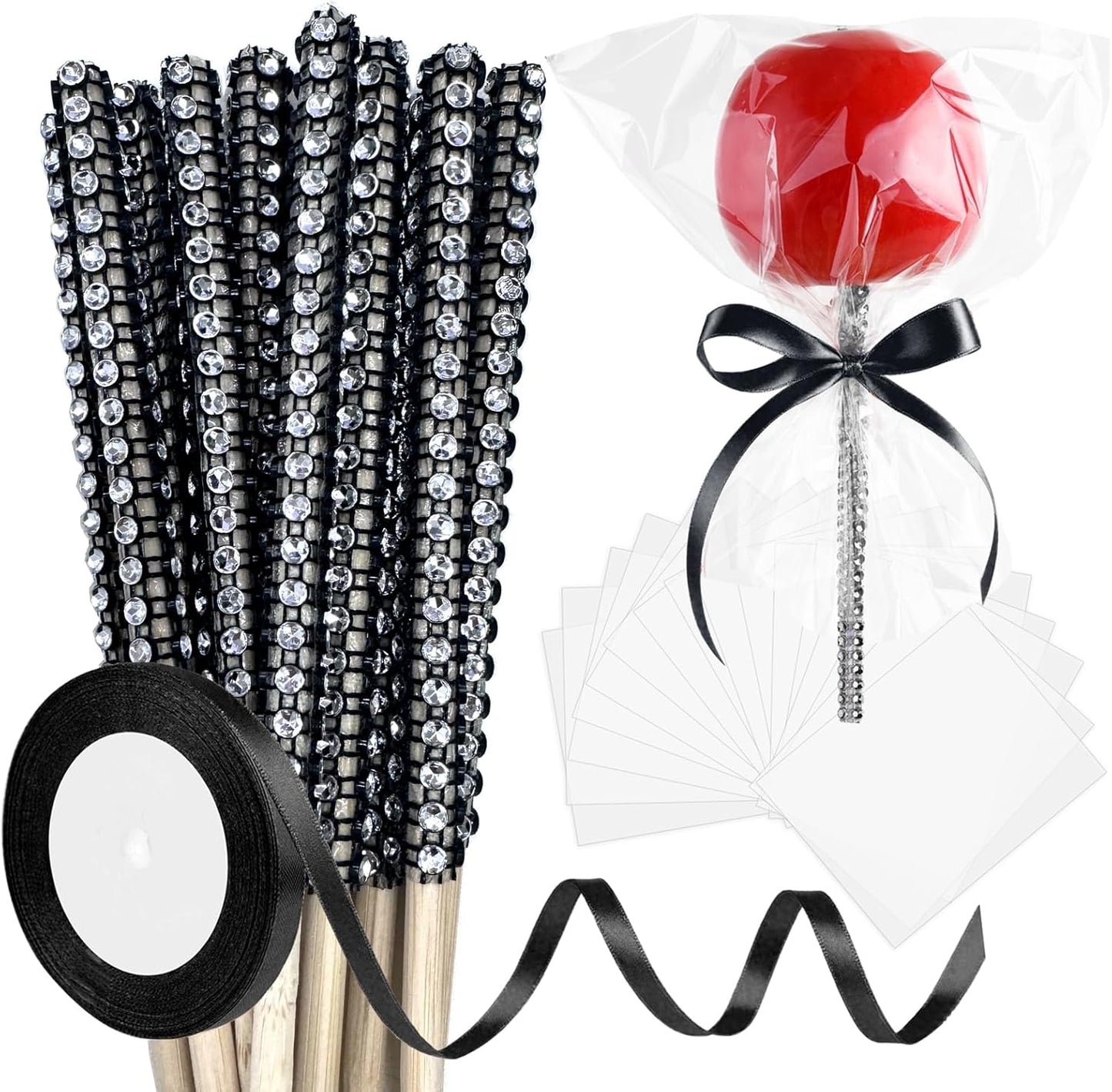 24 Pack Packaging ASTARON Glitter Bling Candy Apple Sticks and Bags, Cake Pop Sticks Kit Including Caramel Apple Sticks