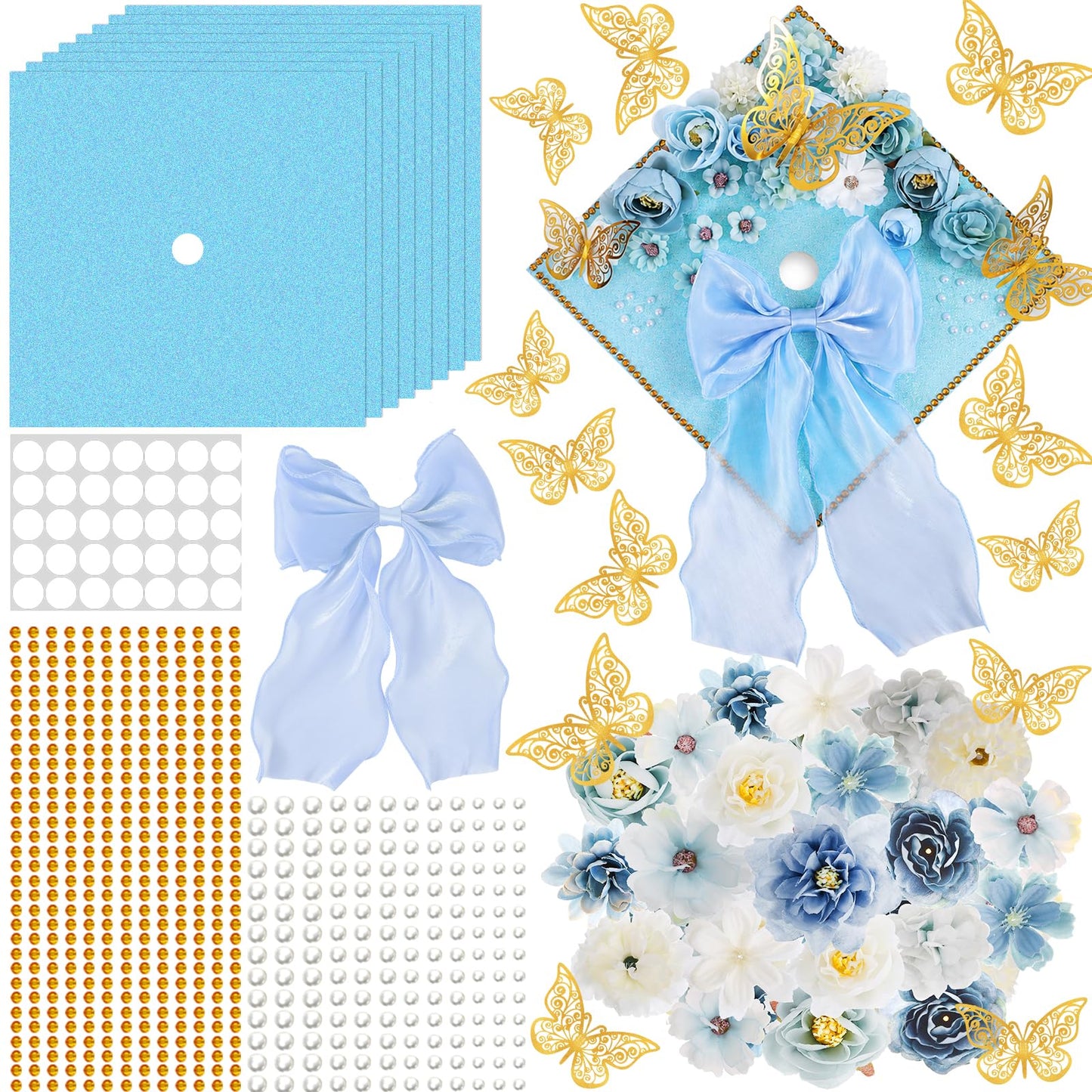 45 PCS DIY Graduation Cap Decoration Kit - 8 Cream Construction Paper with Artificial Flower Heads Bow 3D Butterfly Pearl Adhesive Dots Rhinestone Stickers for Grad Hat Topper DIY (Light Blue)