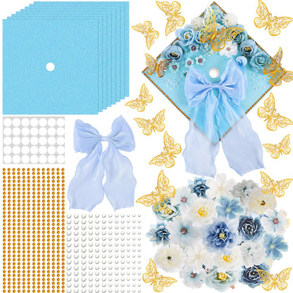 45 PCS DIY Graduation Cap Decoration Kit - 8 Cream Construction Paper with Artificial Flower Heads Bow 3D Butterfly Pearl Adhesive Dots Rhinestone Stickers for Grad Hat Topper DIY (Light Blue)