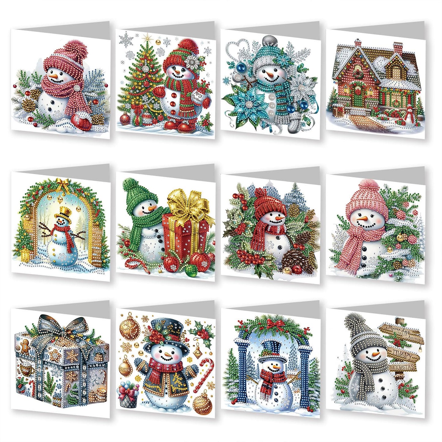 YOKUSHI 12 PCS Diamond Art Painting Christmas Greeting Cards with Envelopes, Snowman Craft DIY Card Making Kits for Adults Gifts (White)