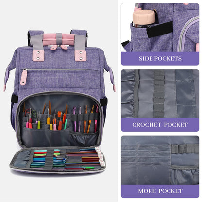 LTINVECK Knitting Bag Backpack,Yarn Storage Organizer Travel Crochet Bag,Large Capacity Tote Bag Yarn Holder Case for Carrying Projects, Knitting Needles, Crochet Hooks,Purple