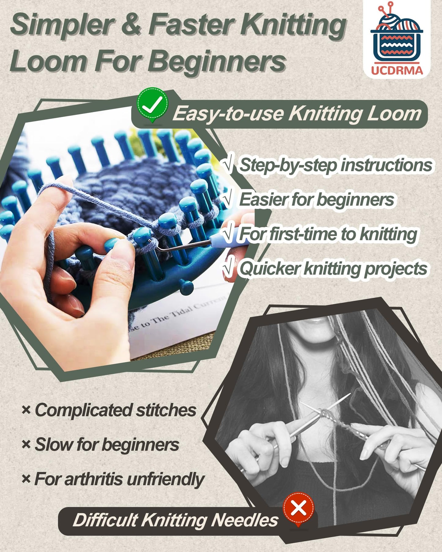 UCDRMA Loom Knitting Kit with Yarn, 23PCS Round Knitting Loom Kit for Beginners Including Instructions and Pom Pom Maker, Easy & Quick Hat Knitting Loom Set/Scarf Loom Knitting Set for Family
