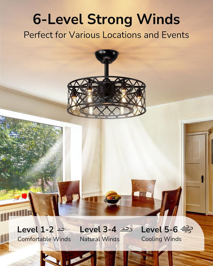ULG 20” Caged Ceiling Fan with light, Vintage Fandelier Ceiling Fan Light Flush Mount Ceiling Fan with Remote Control, 6-Speed Quiet Wind Reversible for Small Room, Hallway, Bedroom, Porch