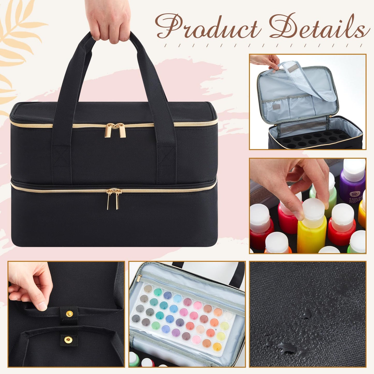 Abbylike Acrylic Paint Organizer Case for up to 56 Bottles (2 Oz) Double Layer Art Supply Storage Bag Alcohol Ink Storage Paint Carry Case with Foam Insert and Inner Pocket(Black)