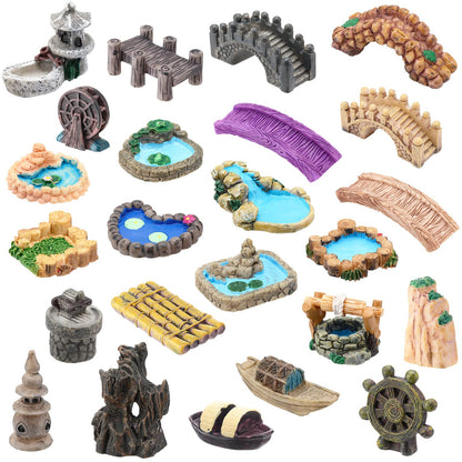 Meooeck 24 Pcs Miniature Garden Accessories Mini Fairy Bridge Figurines Pond Garden Decor Micro Landscape Lighthouse Water Well Ornament for Yard DIY Craft Dollhouse
