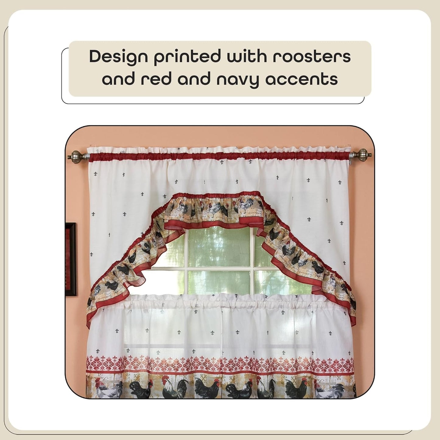 Printed Tier and Swag Window Curtain Set, 57 Inch Width, 36 Inch Length, Rooster, Machine Washable