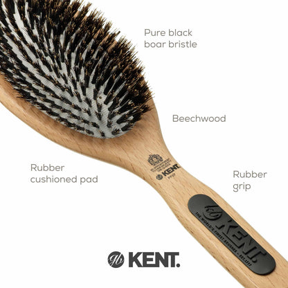 Kent PF01 Large Cushion Detangler Brush, Boar Bristle and Non-Scratch Nylon Mix Hairbrush for Straightening Smoothing. Oval Wood Paddle Detangling Hair Brush for Medium to Long Hair, Made in England
