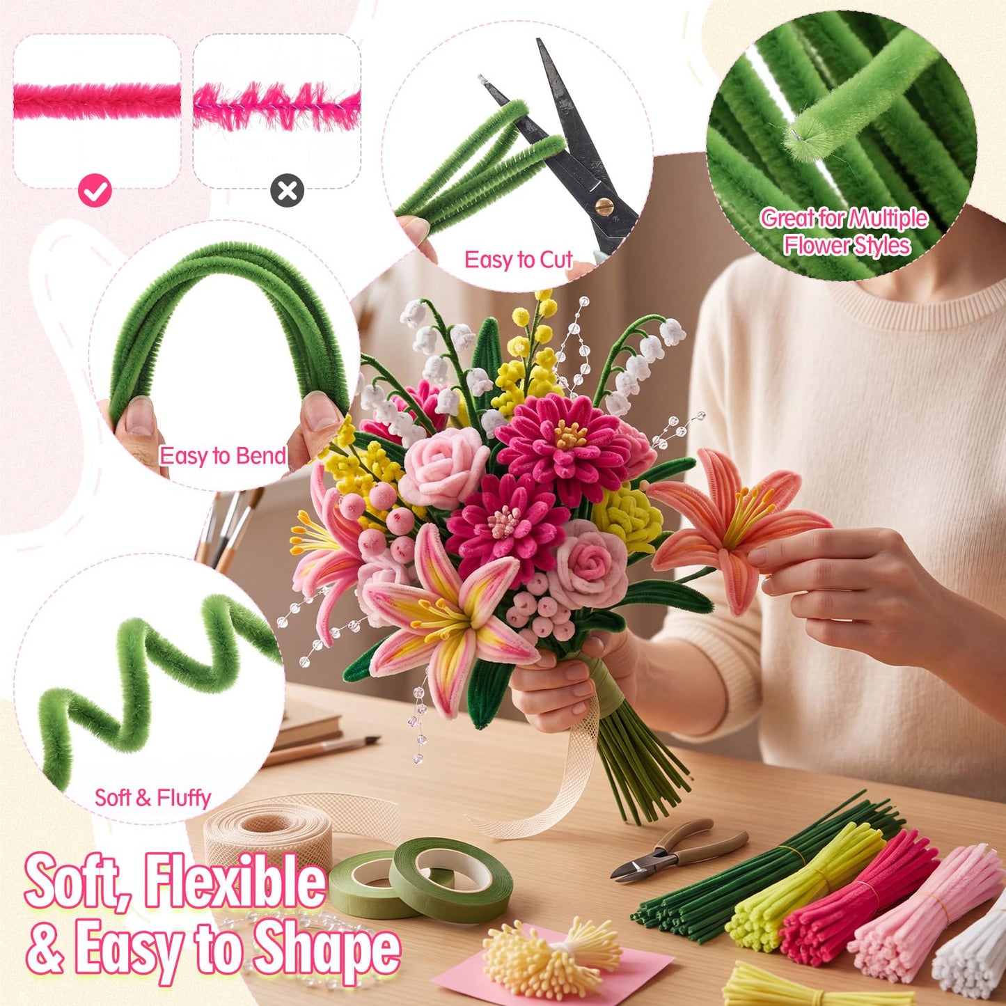 Rivvlive Pipe Cleaner Flower Kit, 1500 Pcs Pipe Cleaners Craft Chenille Stems Bulk with Floral Wires DIY Bouquets Gardening Tape Stamen Ribbon Beads for Art Craft Supplies Gift(Pink Set)
