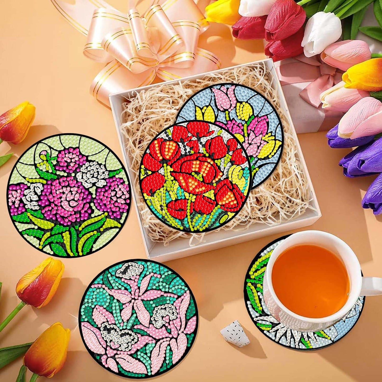 6 Pcs 5D DIY Beautiful Flowers Diamond Paintings Coasters with Holder for Adults Beginners, Round Full Drill Diamond Art Craft Supplies (Flowers QLBD-15)