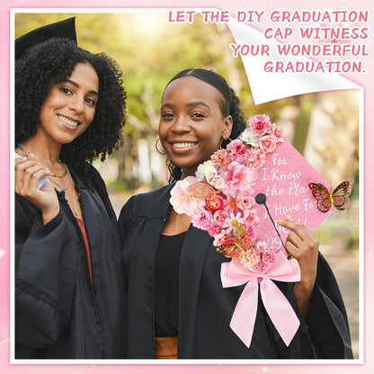 Naozinebi 55 Pcs Pink DIY Graduation Cap Decorations Faux Assorted Flowers Pink Bows 3D Butterfly Stickers Glitter Alphabet Letter Number Decals for DIY Hat Grad Cap Topper Graduation Party Supplies