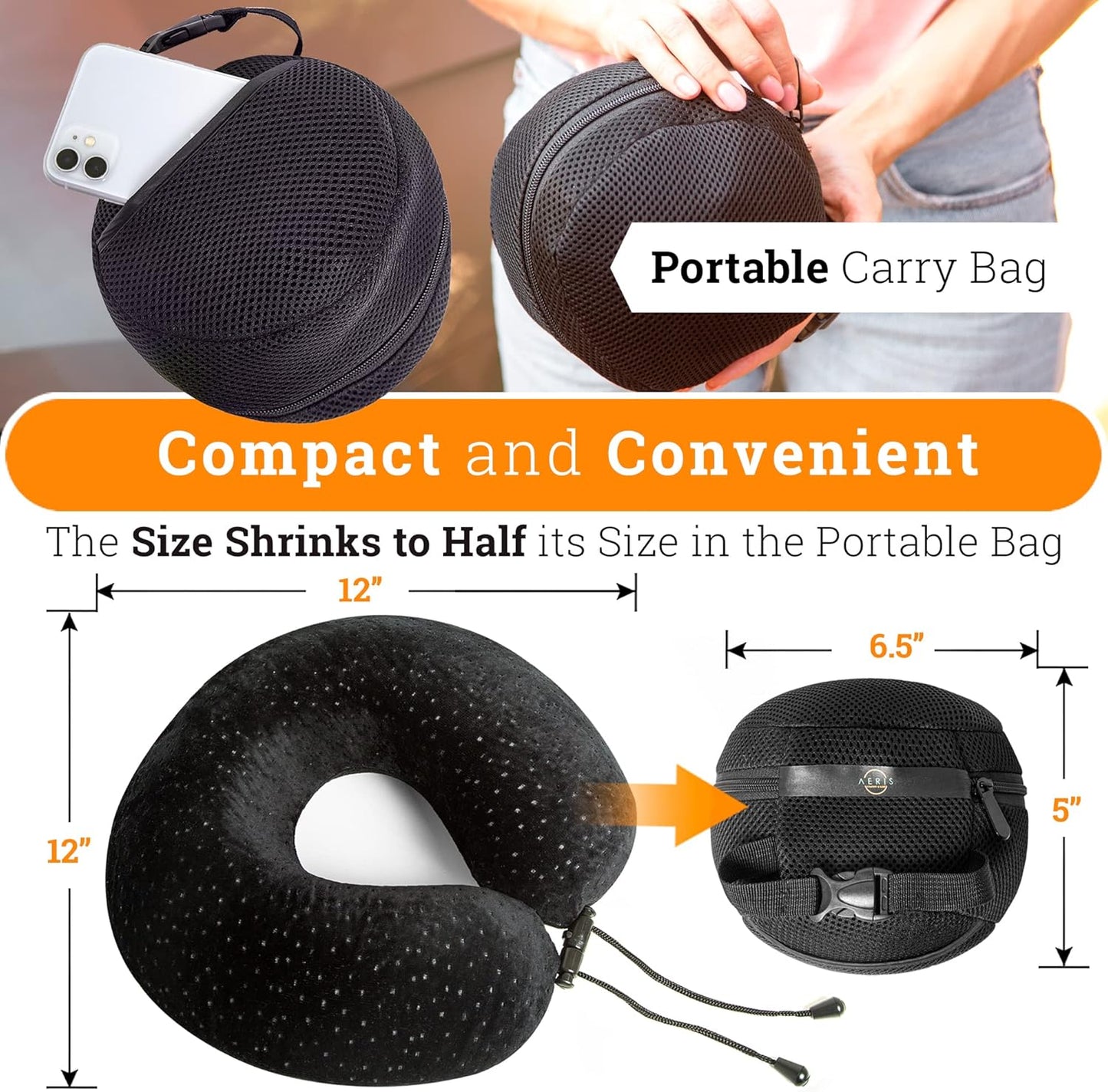 Aeris Memory Foam Travel Pillow for Airplanes - Best Neck Pillow for Long Flights with Carry Bag, Ear Plugs, Eye Mask