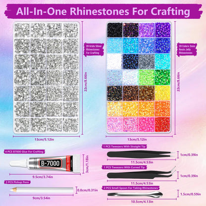 FANDAMEI 51200Pcs Bedazzling Kit, 30000Pcs 28 Colors Rhinestones for Bedazzling, 21200Pcs Silver Rhinestones, Bedazzling Gems with 4Pcs B7000 Glue and Rhinestone Tool, for Crafting Clothing Nail Art
