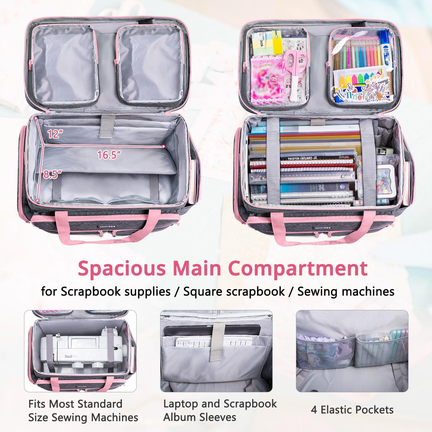 AMOIGEE Rolling Tote Bag with Wheels and Handle, Sewing Machine Case, Craft Organizer Tote for Scrapbooking Storage, Teacher Rolling Bag, Craft Supply Storage, Art Bag, Rolling Cart for Teachers