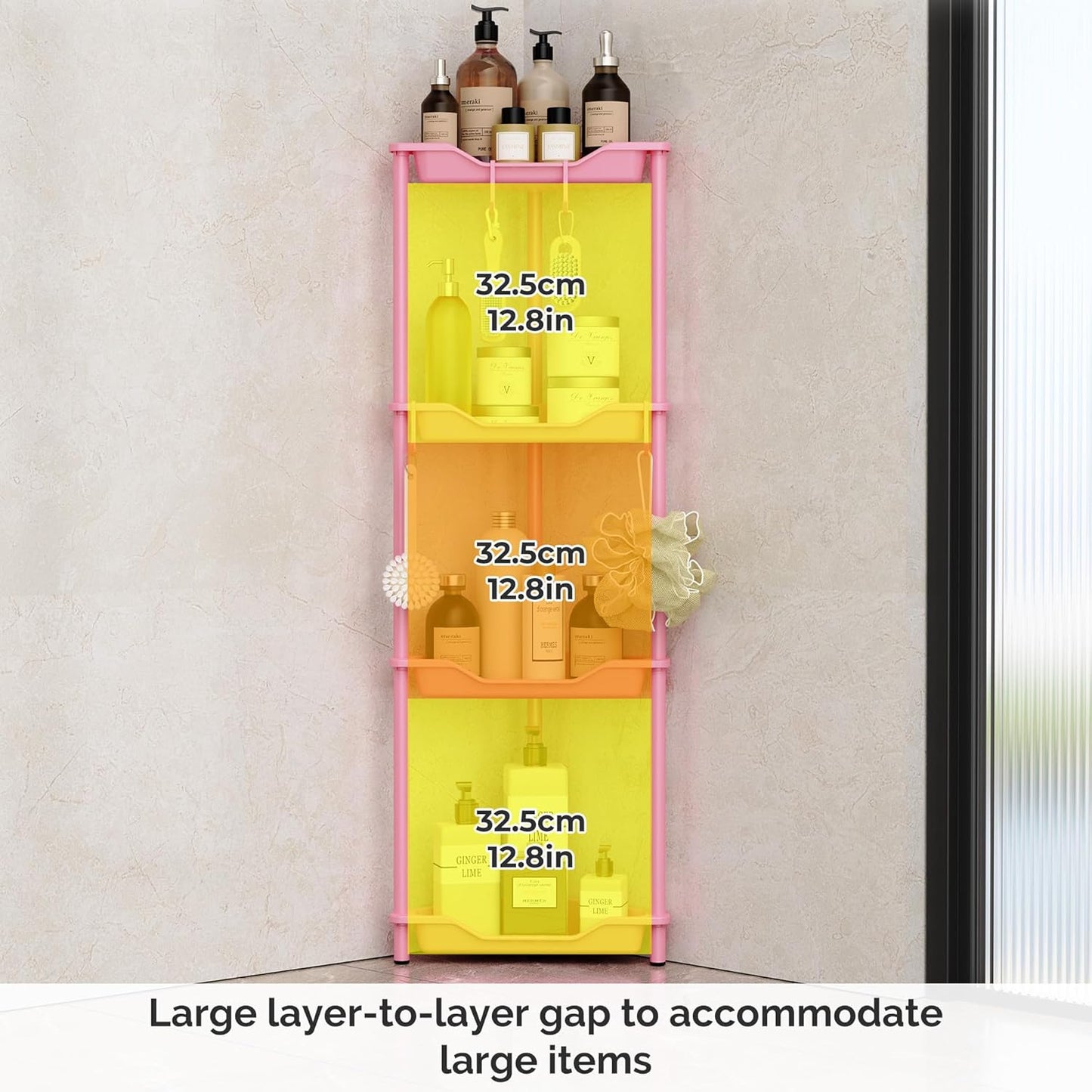 Orimade Rustproof 4 Tier Floor Standing Corner Shower Caddy Organizer, Plastic Metal Shelf Rack for Bathroom