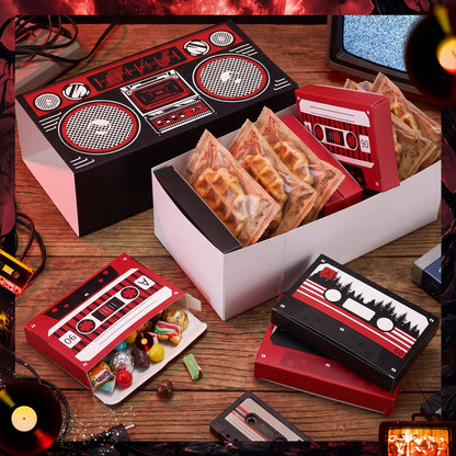 Gueevin 12 Pack Strange Birthday Party Supplies Cassette Tape Paper Gift Boxes for Candy Gift Packaging Strange Themed Birthday Party Decorations 80s 90s Retro Cartoon Treat Boxes
