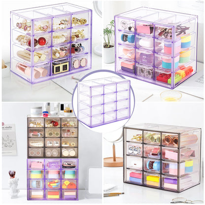 FODIENS Desk Storage Organizer with 12 Mini Drawers, Clear Desktop Craft Drawer Cabinet, Stackable Storage Box Caddy for Makeup Jewelry Office Craft Supplies (Purple)