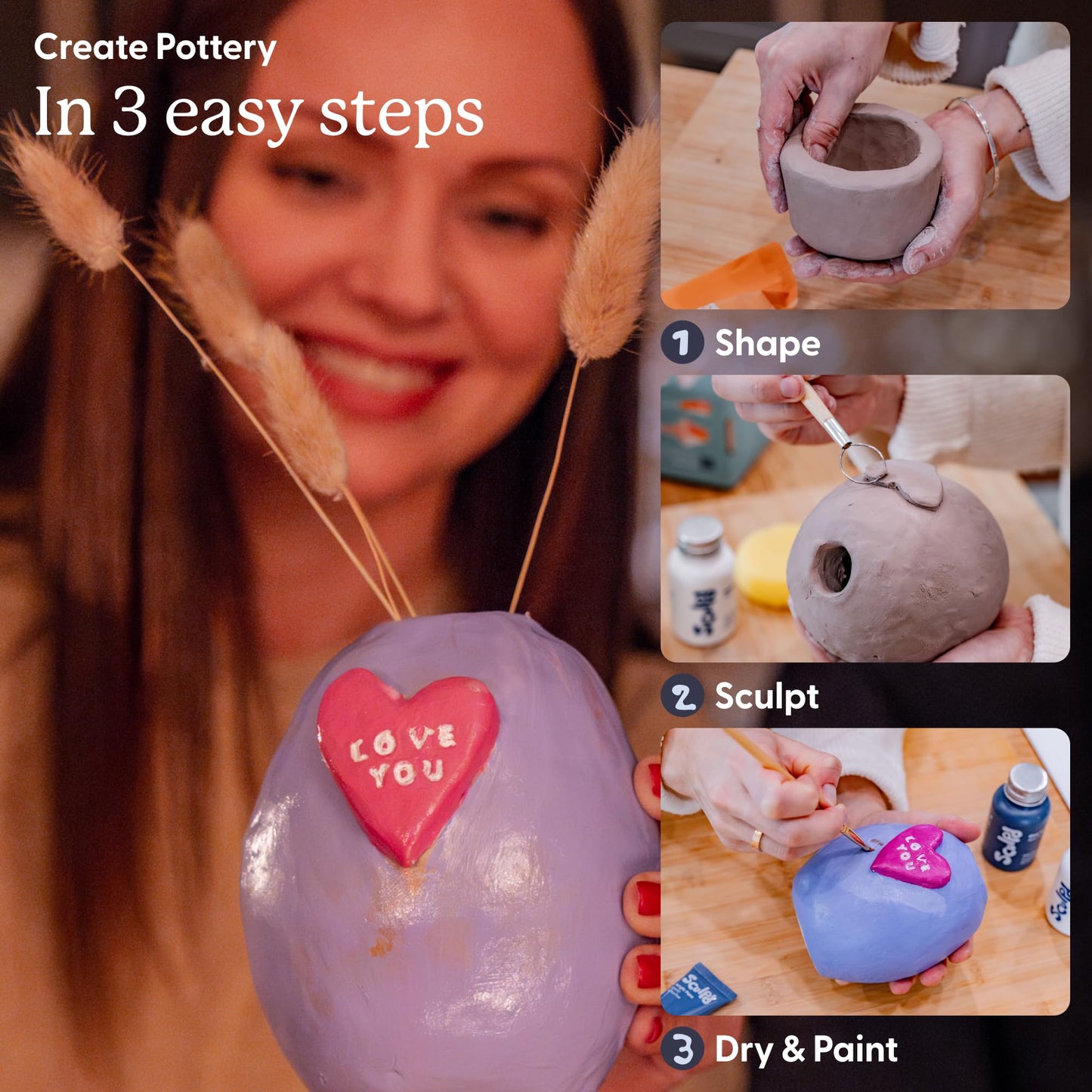 Sculpd - The Original Pottery Kit for Adults - Air Dry Clay for Adults, Tools, Varnish, Paints, Brushes, Couples Date Night Arts & Crafts Set, Gloss Varnish