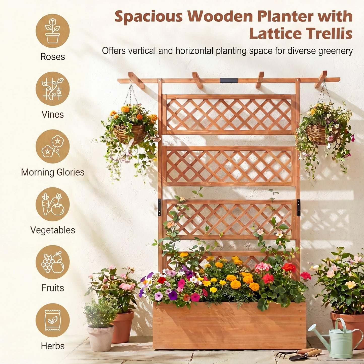 COSTWAY Wooden Raised Garden Planter with Trellis and Roof, 72" Freestanding Privacy Screen & Climbing Plant Support for Outdoor Patio, Balcony, Vegetable, Herb, and Flower Gardening (Brown,2)