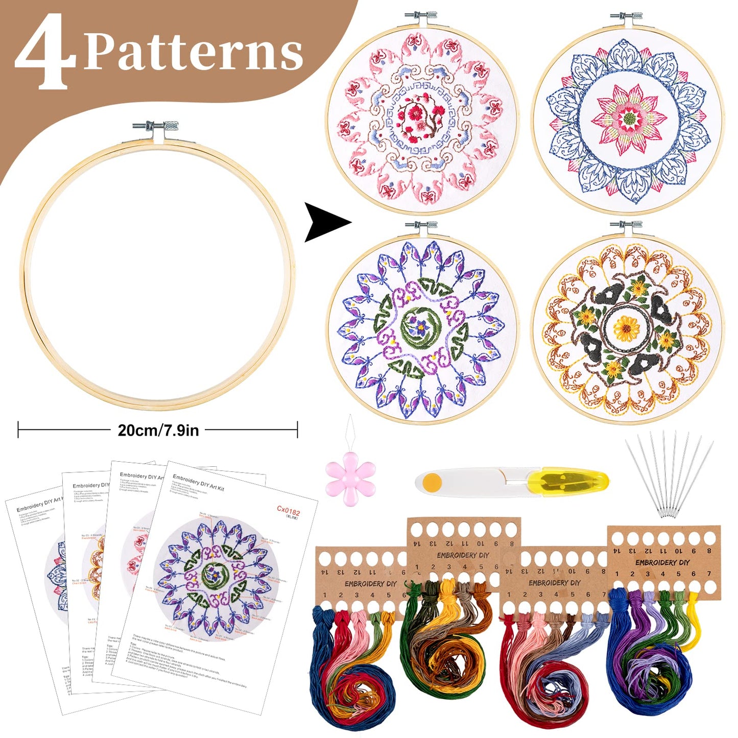 Whaline 4 Mandala Embroidery Starter Kit with Instruction Plum Blossom Chrysanthemum Orchid Lotus Needlepoint Cross Stitch Kit with Embroidery Hoop Threads Needle Scissors for Beginners DIY Craft