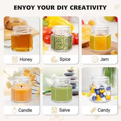 BGraceyy 144Pcs 1.5 oz Mini Hexagon Glass Honey Jars with Dippers, Gold Lids, Bee Stickers, Bee Charms, Gift Bags & Jute–Empty Small Honey Jars for Party Favors Bulk, Ideal for Baby Showers ＆ Weddings