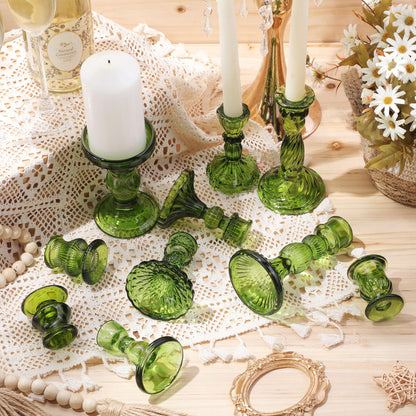 Mumufy 20 Pcs Glass Crystal Taper Candle Holders Clear Glass Candlestick Holder Fit 0.8 Inch Candles Crystal Decorative Candle Stand Centerpiece Table Wedding Dining Party(Green)
