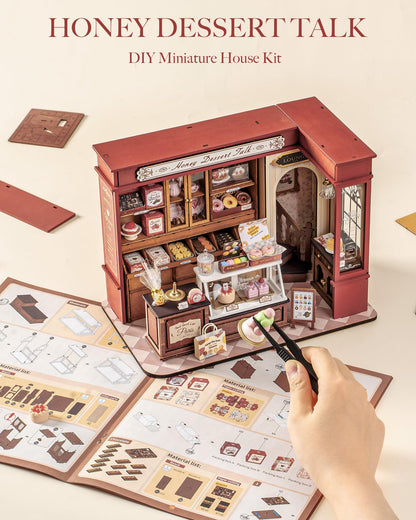 ROBOTIME DIY Miniature House Kit, Mini Wooden Dollhouse Kit for Adults, Building Kit with LED Light, Diorama Model,Halloween/Christmas/Birthday Gifts for Family/Friends (Honey Dessert Talk)