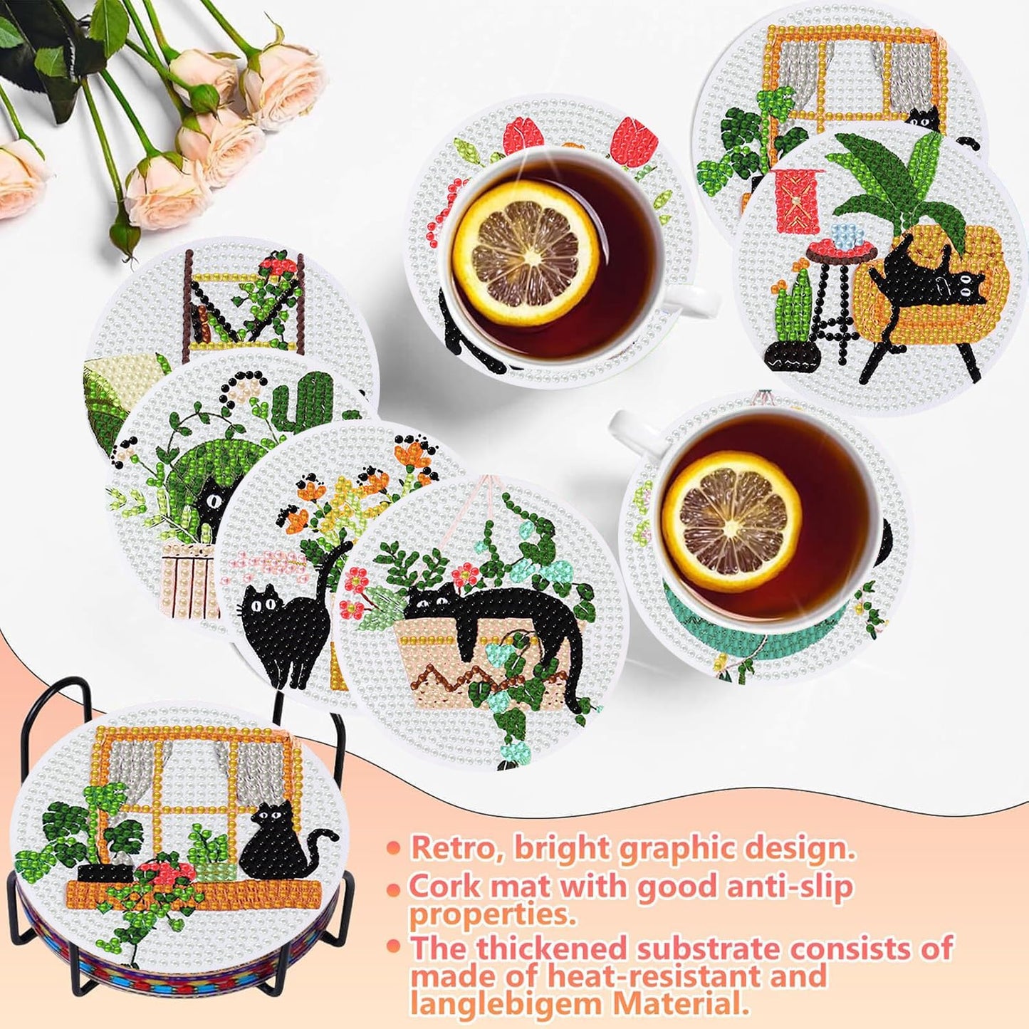 8 PCS Diamond Art Coasters Kits Black Cat Diamond Painting Coaster Kits Diamond Coasters with Holder Cork Pads Gem Art Dots Paintings Crafts Supplies for Adults Beginners