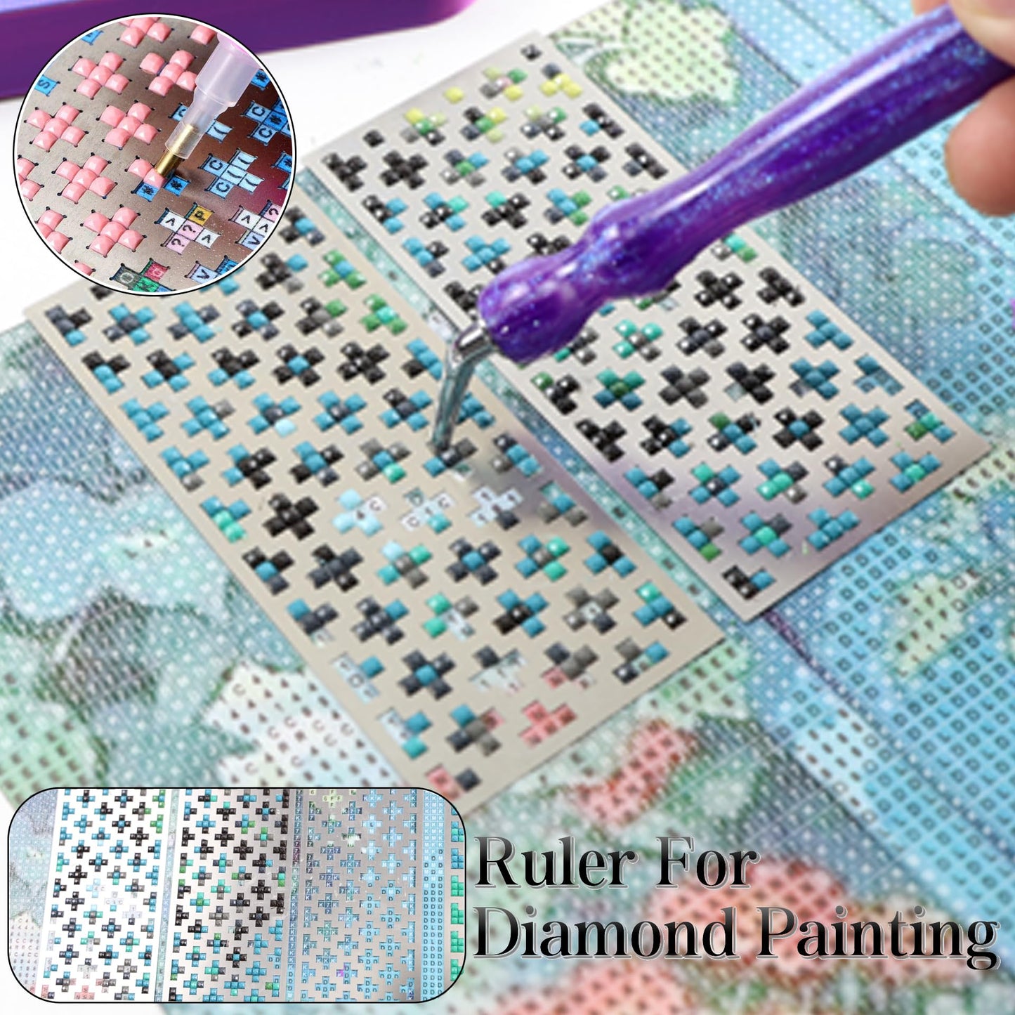Diamond Art Ruler Stainless Steel 5D Diamond Painting Ruler, Diamonds Alignment Guide Tool for Full or Partial Square and Round Diamonds, Diamond-Paint Fix Tool, Mesh Ruler, Tweezer, 6 Styles