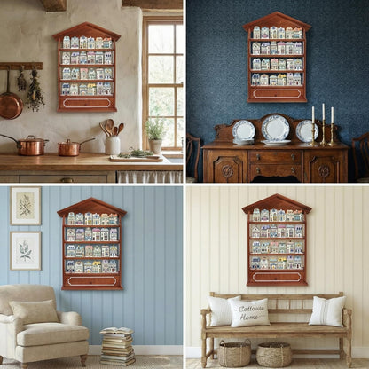 Chunful Vintage Spice Jar Wooden Rack with 4 Shelves and Drawer Hanging Spice Rack Wall Mounting Kitchen Storage Village Style Display Shelf for 24 Jars, Shelf Only(Classic)
