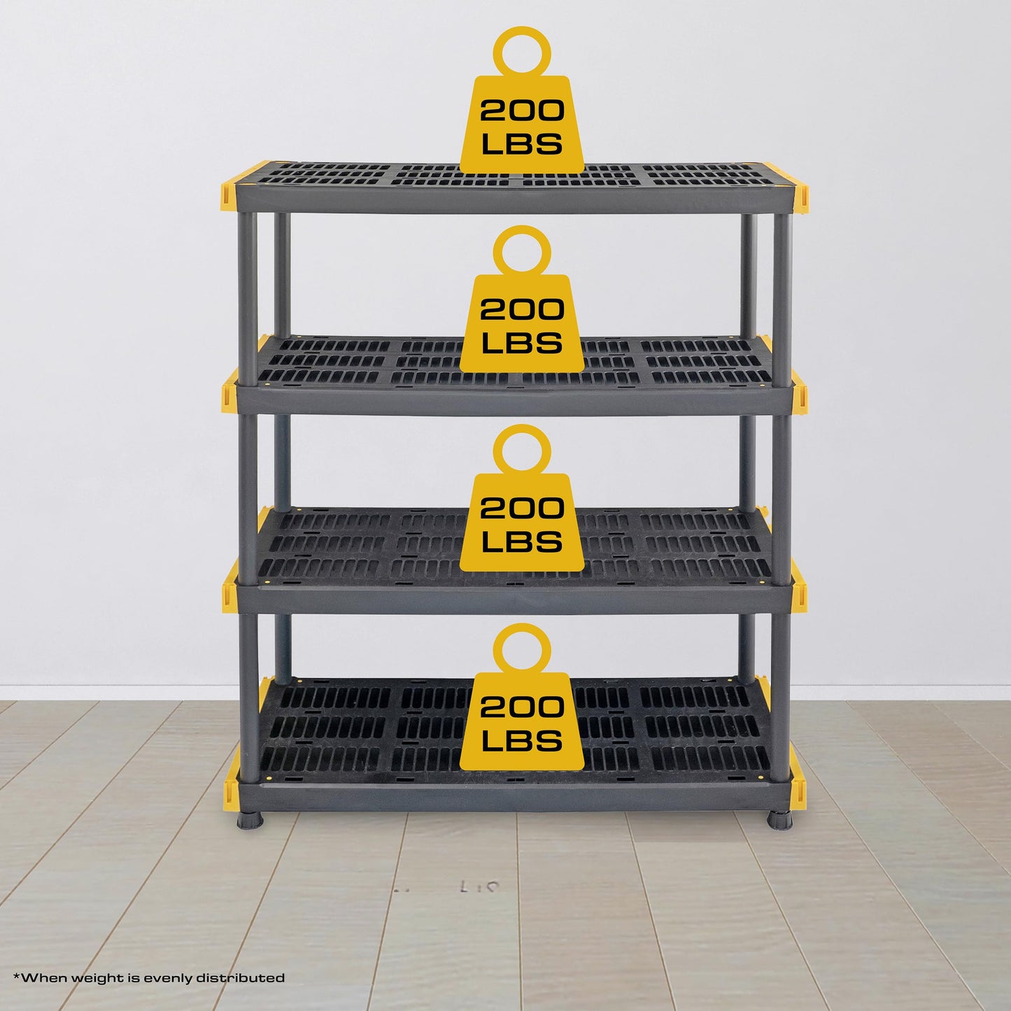CX Black & Yellow 4-Tier Heavy Duty Storage Shelves and 8 Heavy Duty Storage Bins with Lids, 4 Shelves that Support up to 200lbs/shelf + 27 Gallon Containers (8-Pack), Organization and Storage