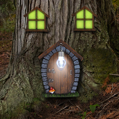 Juegoal Fairy Gnome Home Miniature Window and Door with Litter lamp for Trees Decoration, Glow in Dark Fairies Sleeping Door and Windows, Yard Art Garden Sculpture, Lawn Ornament Decor