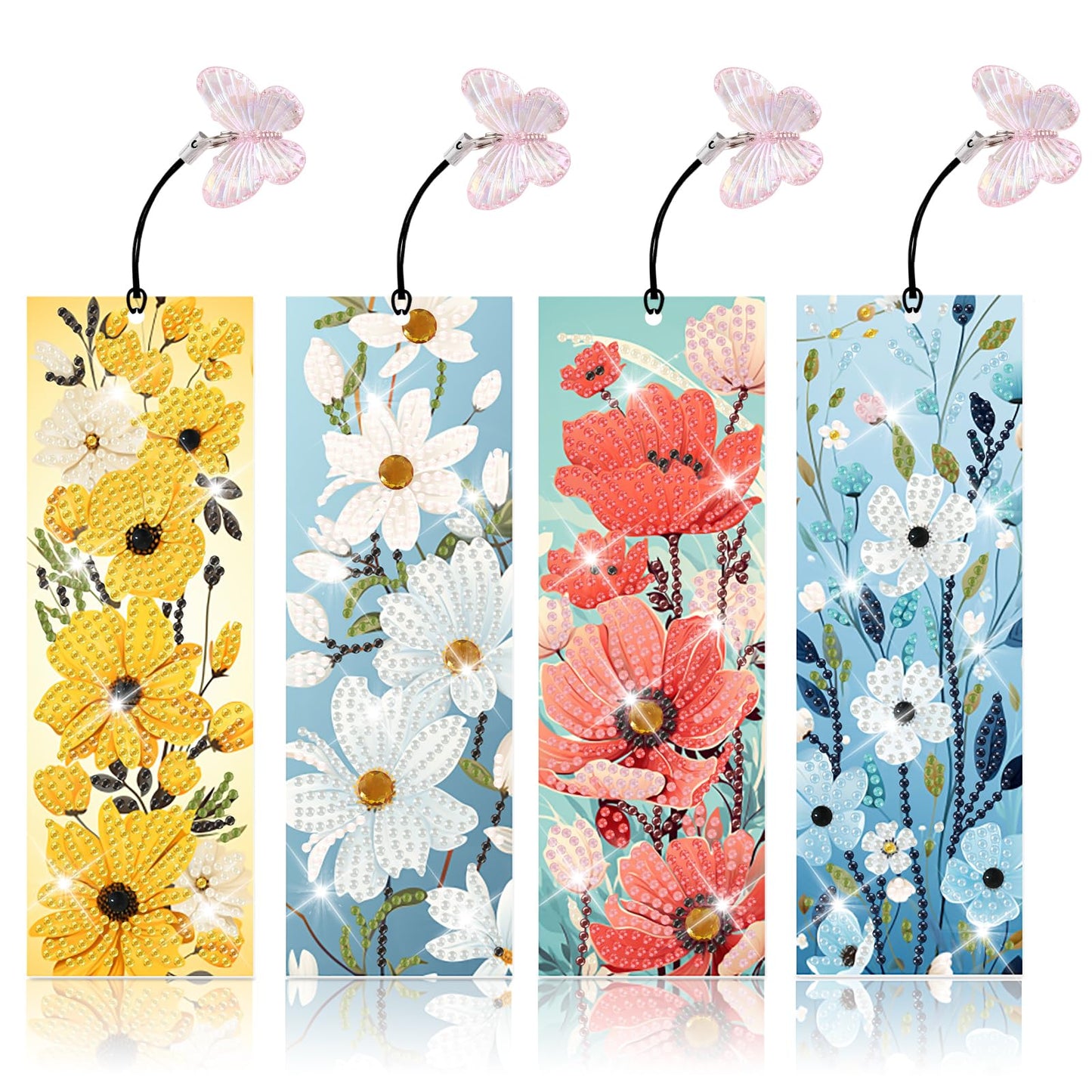 4pcs Flower Diamond Art Bookmarks Kit Floral Diamond Bookmarks for Adults 5D DIY Diamond Art Kit for Spring Reading Lover Book Lover Students DIY Gem Crafts Gift
