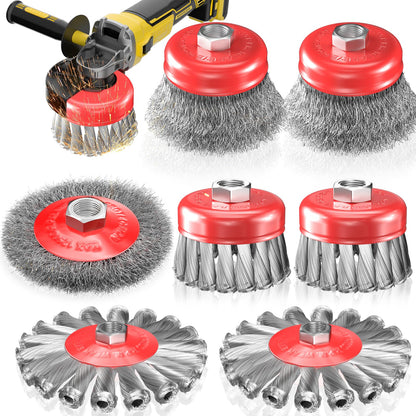 BURMONG 7 PCS Wire Wheel Brush for 4-1/2" Angle Grinder, Carbon Steel Knotted & Crimped Cup/Wheel Brushes (3" & 4"), Heavy Duty Rust, Paint, Corrosion Removal, 5/8"-11 UNC Threaded Arbor