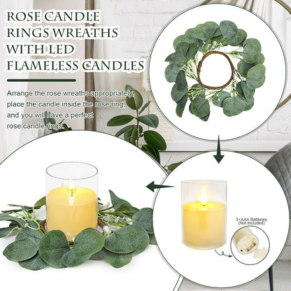 Tobilu 4 Pcs Candle Rings Wreaths with LED Candles - Eucalyptus Candle Rings Greenery Artificial Eucalyptus Leaves Pillar Holder for Wedding Centerpieces Home Table Party Decor