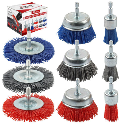 Rocaris 9 Pack Nylon Filament Abrasive Wire Brush Wheel & Cup Brush Set with 1/4 Inch Hex Shank, for Removal of Rust/Corrosion/Paint - 80 Grit, 120 Grit, 240 Grit