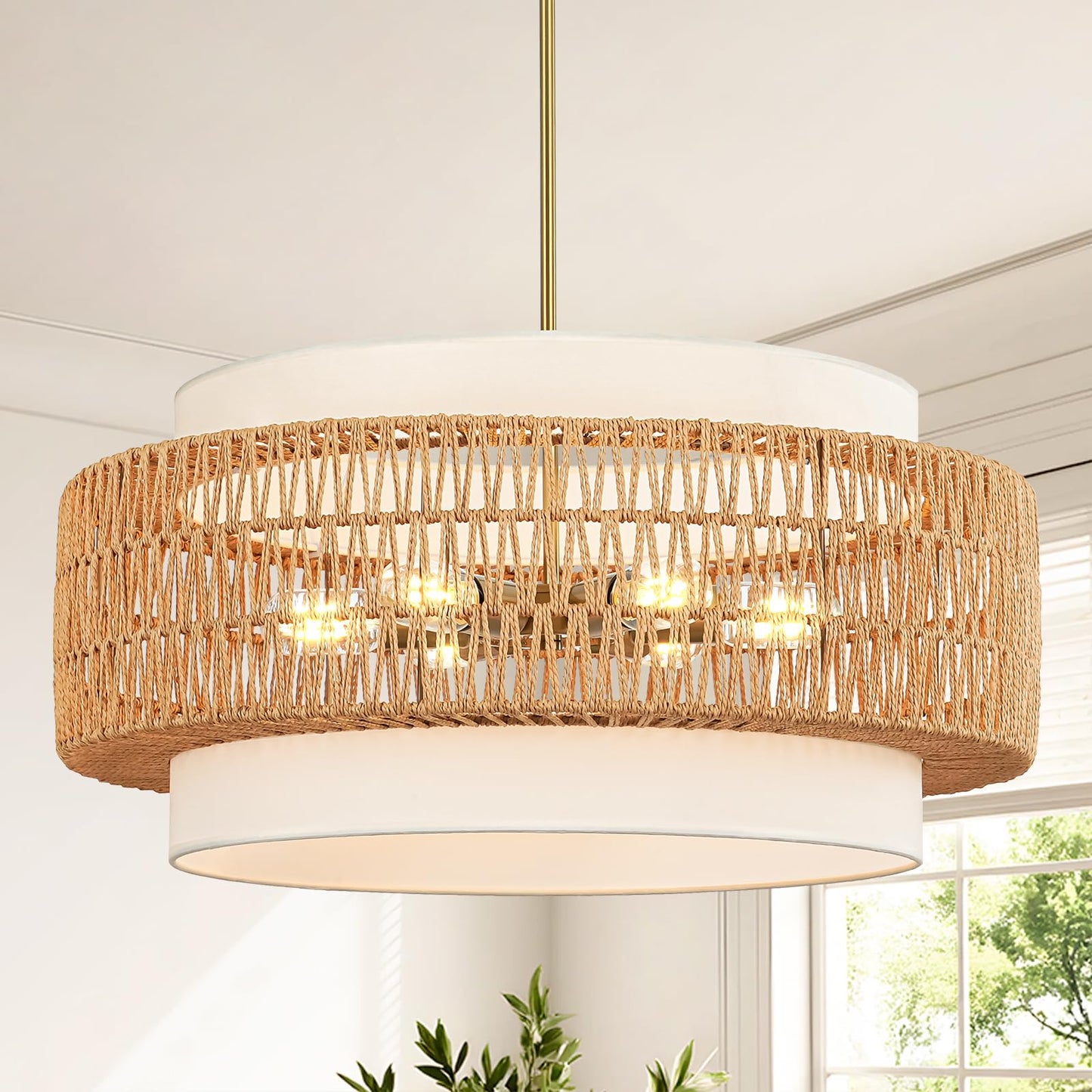 6-Light Boho Rattan Chandelier, 25.6" Large Rattan Pendant Light with Fabric Shade, Farmhouse Hand Woven Chandelier Hanging Ceiling Light for Dining Room, Living Room, Kitchen Island, Foyer, Hallway