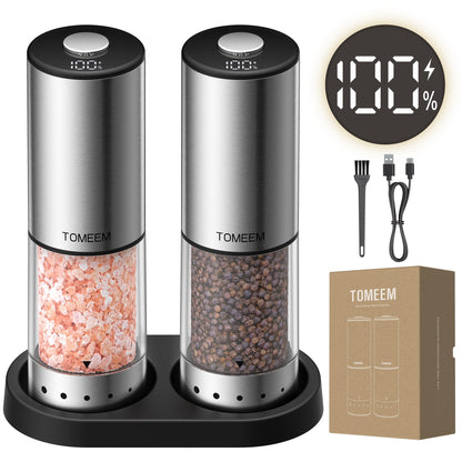 TOMEEM Rechargeable Electric Salt and Pepper Grinder Set, 115ml Large Capacity Stainless Steel Automatic Pepper Mill with Storage Base, LED Display and Light, 5 Adjustable Grind Settings