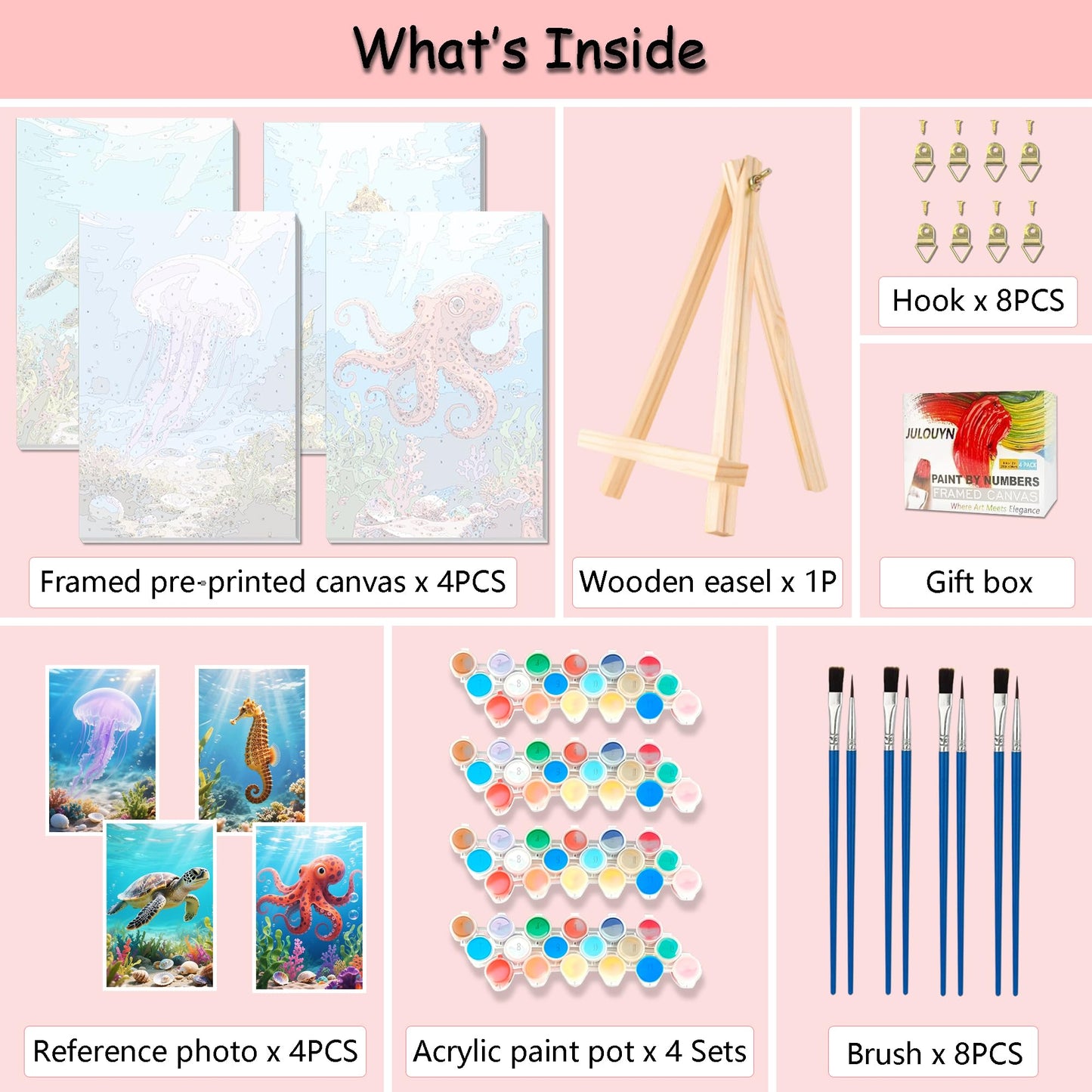 Muzagroo Art 4 Pcs Paint by Numbers Kits for Adults Framed Canvas with Wooden Easel DIY Sea Turtle Acrylic Oil Paintings Kits Paint by Numbers on Canvas Wall Art (8x12 inch)