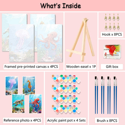Muzagroo Art 4 Pcs Paint by Numbers Kits for Adults Framed Canvas with Wooden Easel DIY Sea Turtle Acrylic Oil Paintings Kits Paint by Numbers on Canvas Wall Art (8x12 inch)
