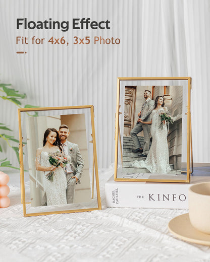 Jajamy Gold Floating Picture Frame Set of 2, Tempered Glass Floating Frames 5x7, Gold Picture Frame for Multi Size Photo 4 x 6, 3 x 5 for Tabletop Display