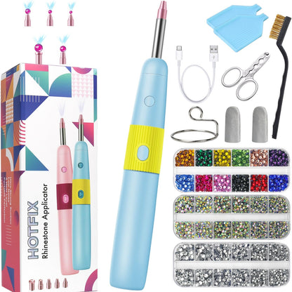 5 in 1 Cordless Hotfix Applicator Tool, 4000mAh Rhinestone Bedazzler Kit with Self-Suction, 3 Temp Settings, 5 Tips, Hot Fix Rhinestone Kit for Clothing Fabric DIY Crafts (Blue)