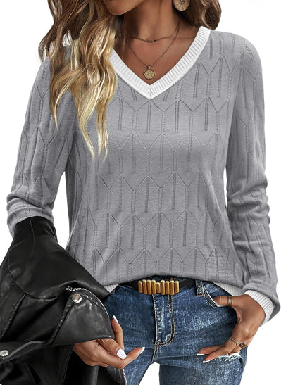 OFEEFAN Womens Sweaters Long Sleeve Shirts Fall Outfits 2025 V Neck Soft Knit Pullover Trendy Tops Dressy Casual Blouses