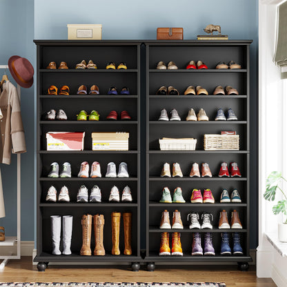 Tribesigns Narrow Tall Shoe Cabinet with LED Lighting, 9-Tier 30 Pairs Freestanding Shoes Storage Cabinet, Wood Shoe Organizer Cabinet with Solid Wooden Legs for Entryway (2, Black)