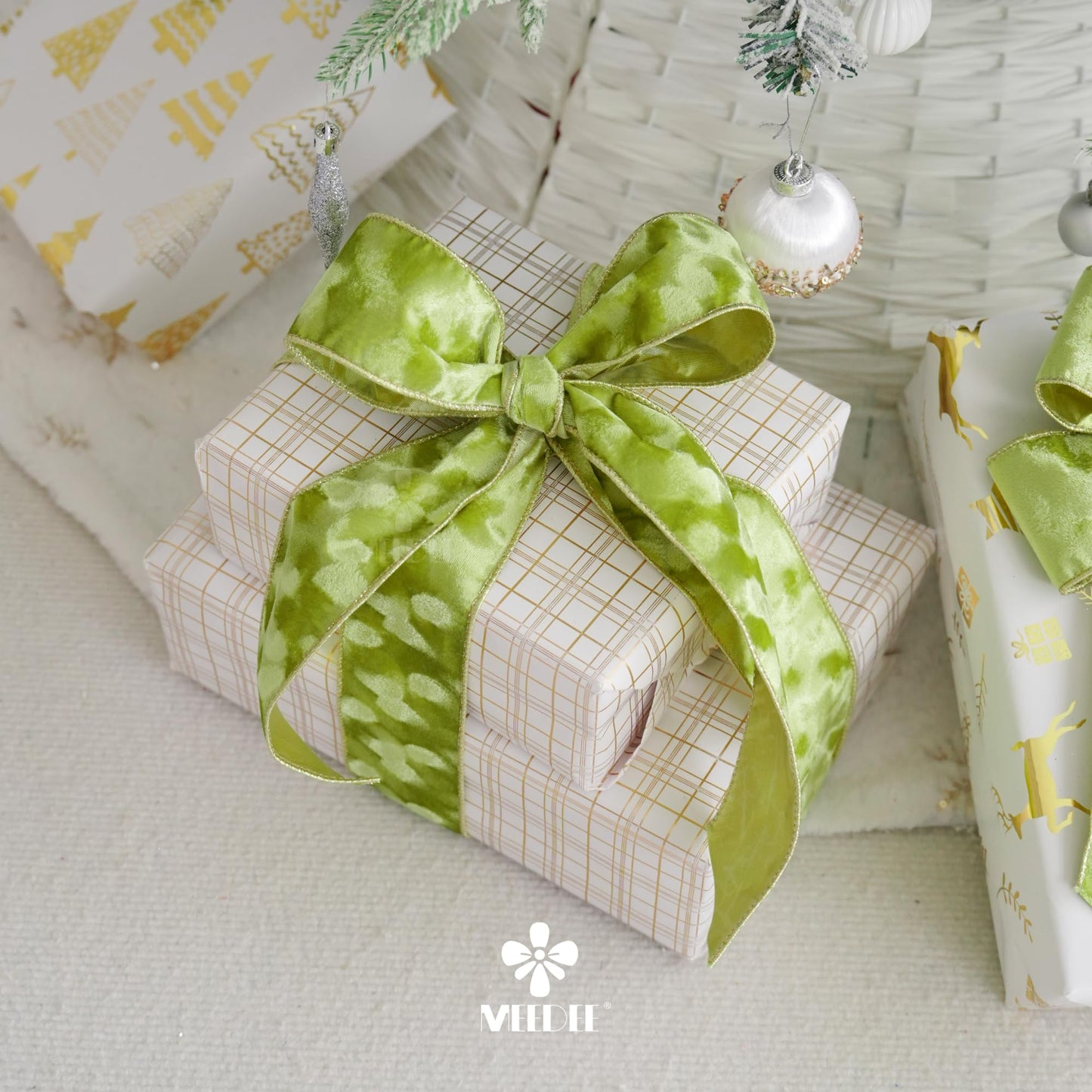 MEEDEE 2.5 inch Moss Green and Gold Velvet Ribbon 10 Yards Roll Two Tone Thick Wired Ribbon for Christmas Tree, Gift Wrapping, Velvet Bow, Wreaths, Crafts Supply, Seasonal Decorations