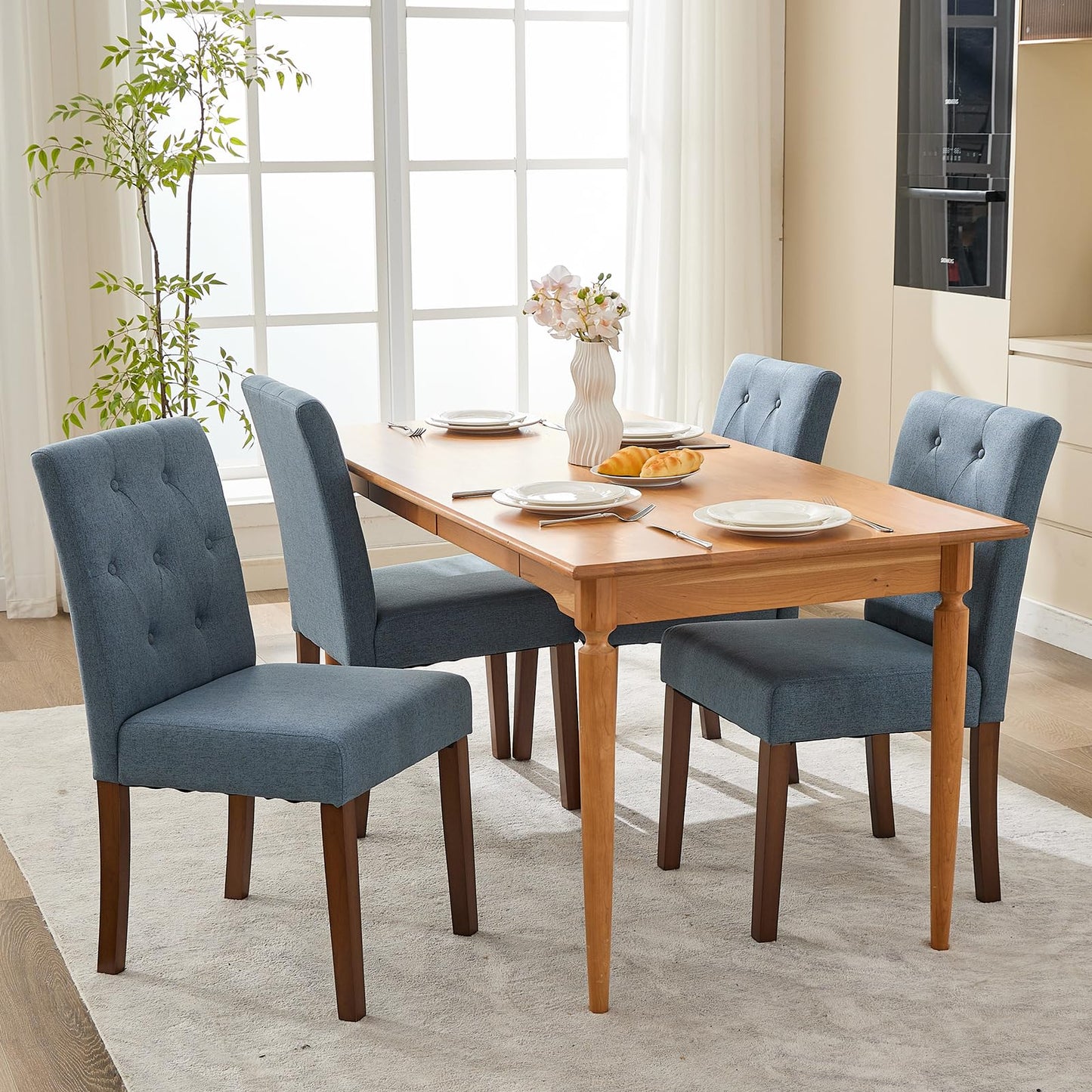 IDEALHOUSE Dining Chairs Set of 6, Linen Fabric Upholstered Parsons Chairs with Rubberwood Legs, Comfortable Padded Seat Kitchen, Dining Room Side Chairs, Living Room Blue