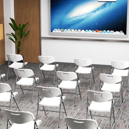 COSTWAY 12 Pack Folding Chairs, Stackable Plastic Chairs w/Waterproof Seat, Heavy-Duty Metal Frame, Handle Slot, 350 LBS Capacity, Portable Indoor Outdoor Event Chairs for Office Wedding Party, White