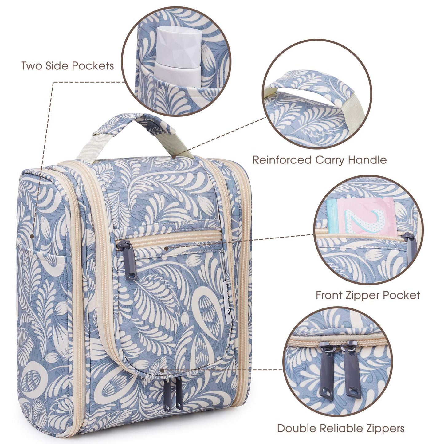 Narwey Small Hanging Toiletry Bag Women Travel Makeup Bag Organizer Toiletries Bag for Travel Size Essentials Accessories Cosmetics (Medium, Blue Leaf)