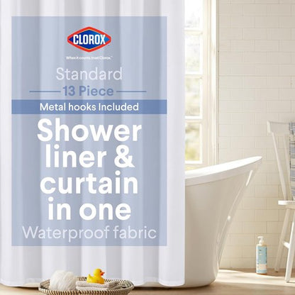 Clorox 2-in-1 Bathroom Shower Curtain Liner - Durable Fabric, Weighted Magnets, 72" x 72", White